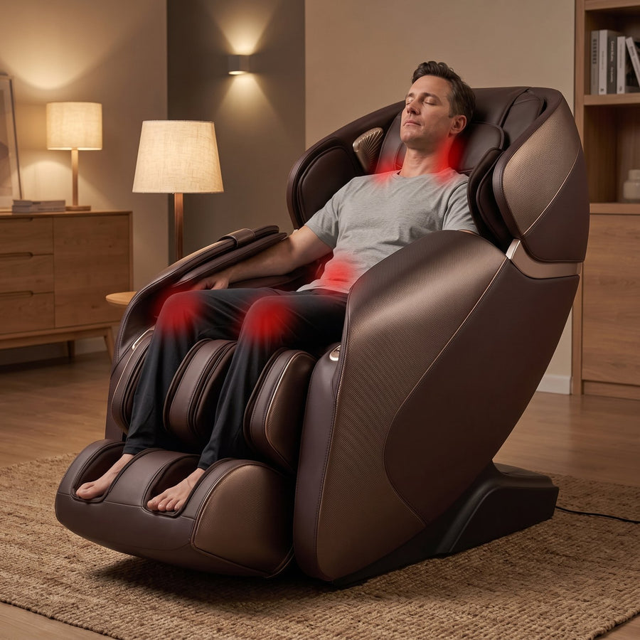 Man relaxing in the Relaxe massage chair with pain points on his neck and knees